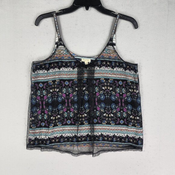 Lily White Blouse Womens M Multicolor Bohemian Chiffon/Lace Combo Strappy V-Neck - Picture 1 of 6